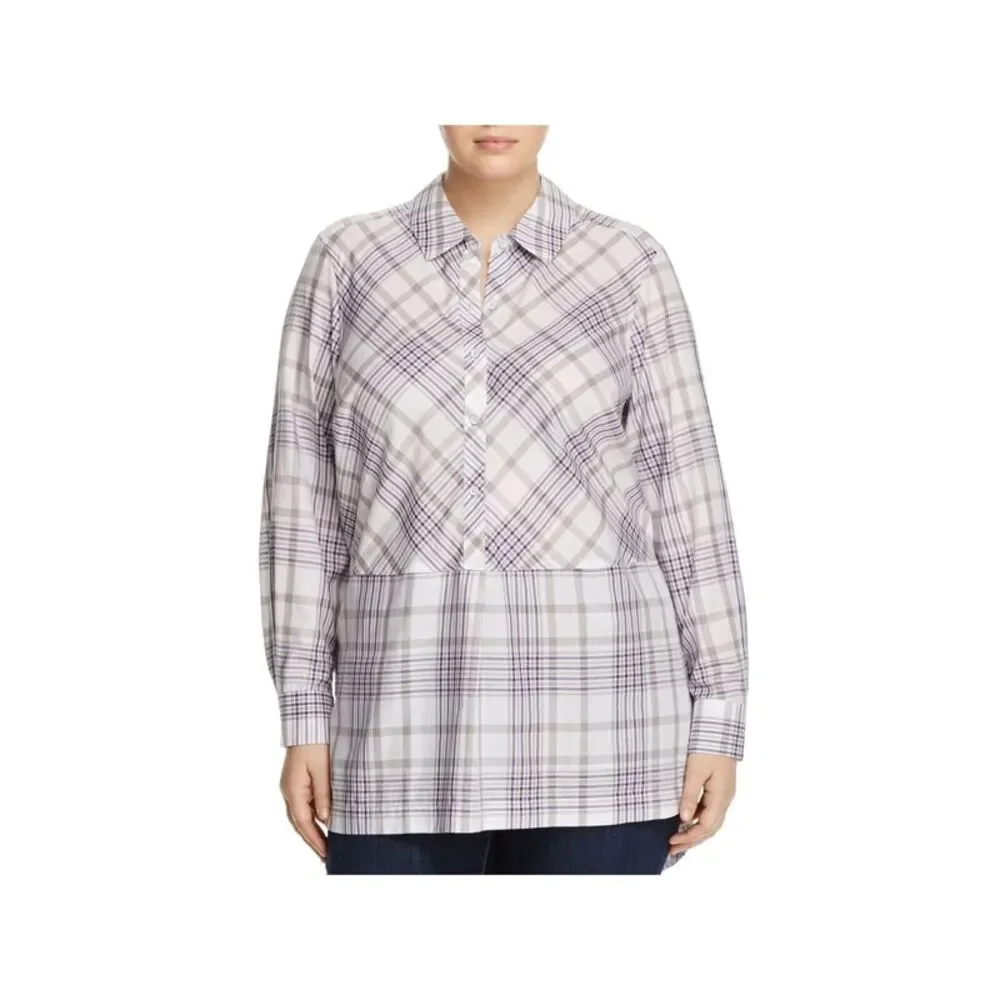 FOXCROFT Womens Gray Plaid Cuffed Sleeve Collared Tunic Top Plus 20W